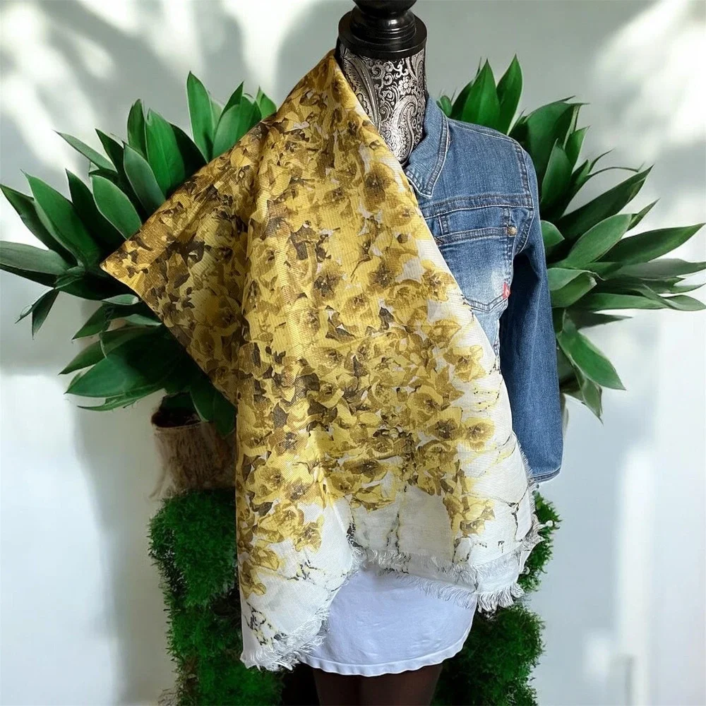 Large mustard yellow Floral scarf Shawl Wrap Lightweight Silk‎ 46.5
